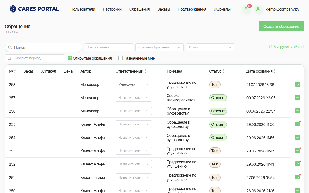 Список обращений в CARES PORTAL