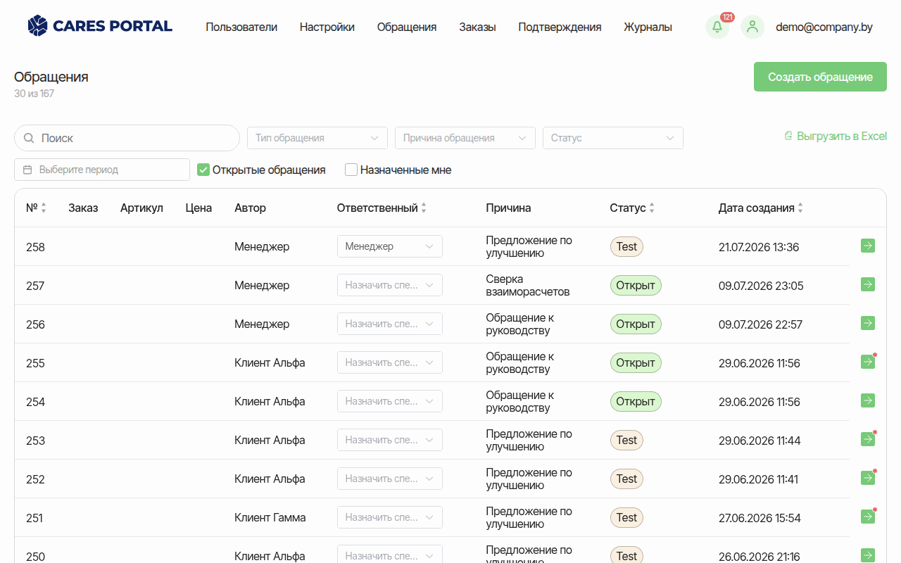 Список обращений в CARES PORTAL