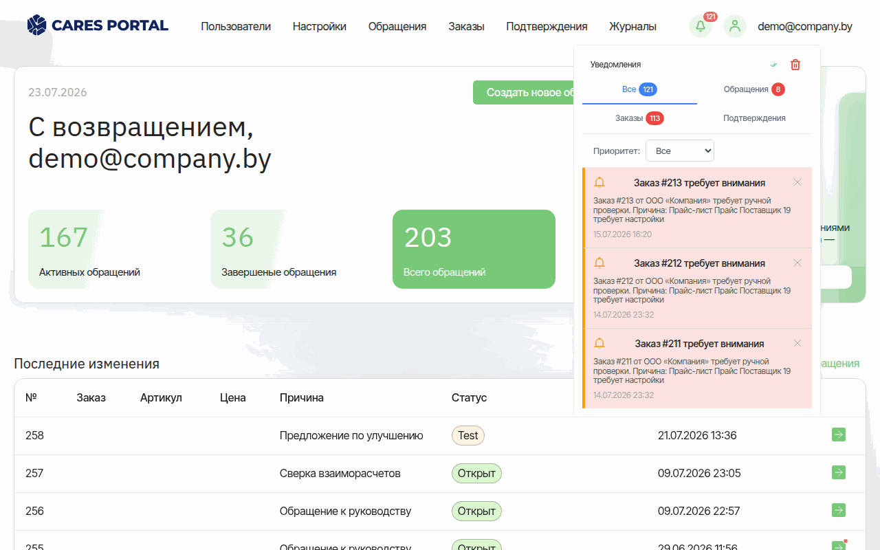 Центр уведомлений CARES PORTAL